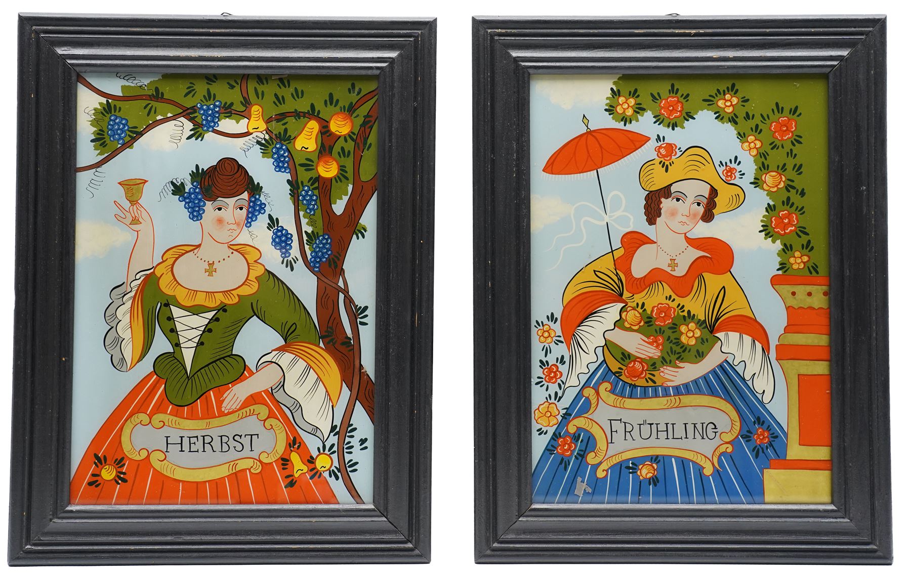 German School (20th Century): ‘Frühling’ ‘Sommer’ ‘Herbst’ and ‘Winter’- The Seasons, set of four reverse glass paintings (4) 