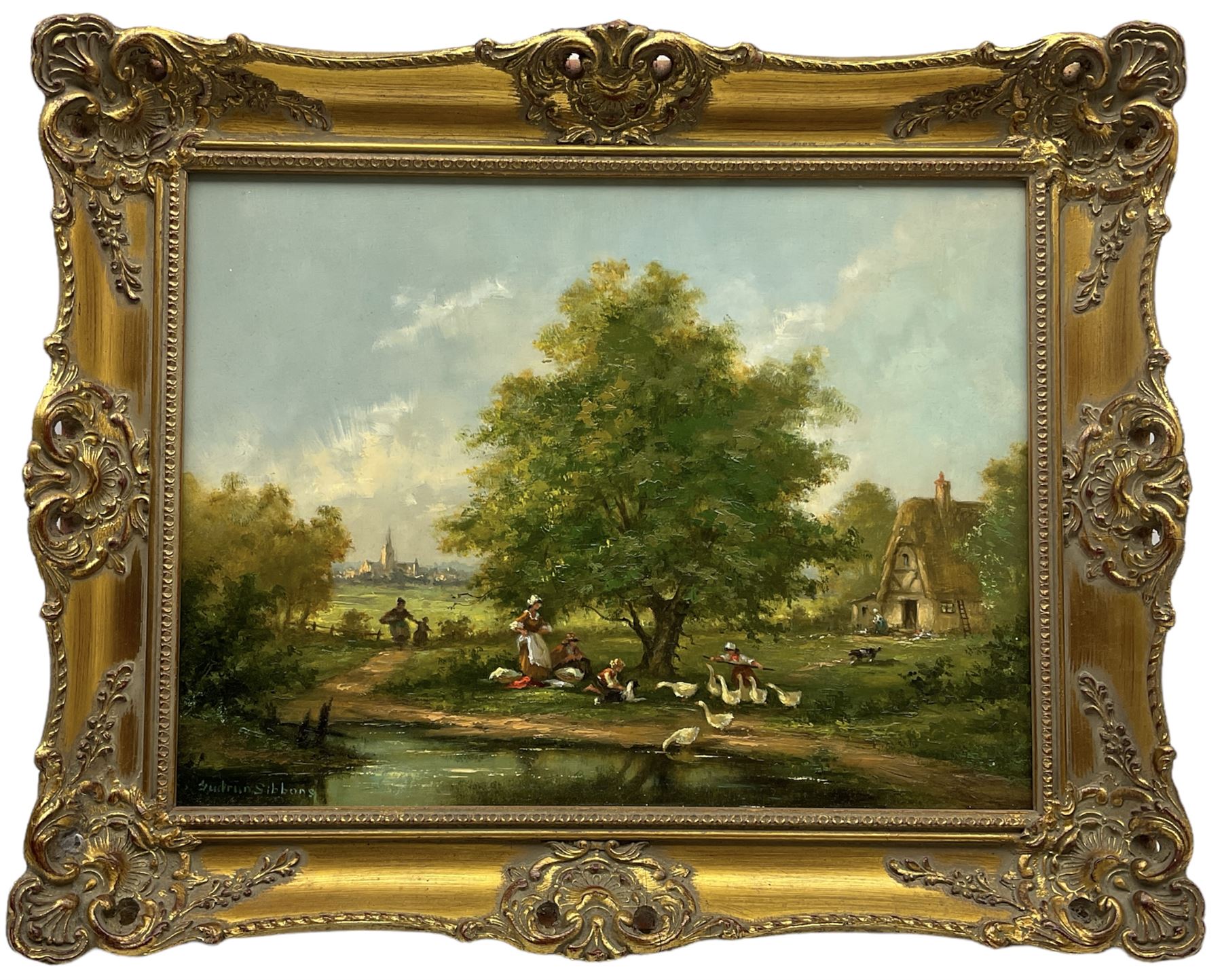 Barbara Gudrun Sibbons (German 1925-): A Meeting by the Wayside, oil on panel signed 40cm x 50cm