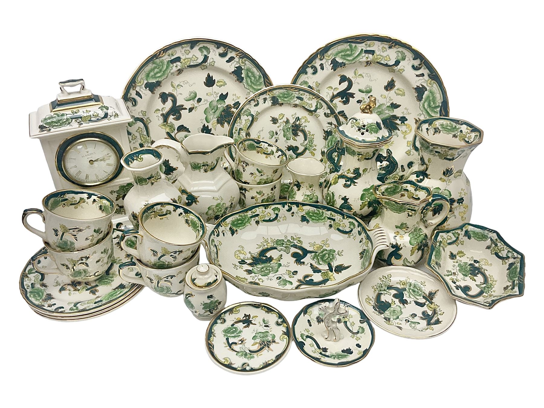 Collection of Masons Ironstone Chartreuse pattern, to include clock, six teacups, twin handled dish, ring dish, plates vases, etc, many with original boxes, clock H24cm 