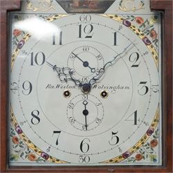 Ralph Weston (III) of Wolsingham (Co Durham) - 30-hour oak and mahogany longcase clock c1815-17, With a swan necked pediment, brass parterre and central spire finial, break arch hood door beneath flanked by reeded pilasters with brass capitals, trunk with recessed reeded pilasters and a crossbanded door with a concave top, square plinth on bracket feet, painted dial with floral depiction to the spandrels and a depiction of a boy attempting to catch birds in the arch, with makers name, Roman numerals, five minute Arabic's, minute track and matching steel hands, with dummy seconds and calendar dials and dummy winding arbors, dial pinned via a cast falseplate by Whittaker & Shreeve to a countwheel striking chain driven movement striking the hours on a bell. With weight and pendulum.
Notes.
The Weston family were a prodigious three generation family of 18th and 19th century Wolsingham clockmakers, all christened Ralph. The maker of this clock Ralph (III) frequently made 30hr clocks such as this possessing features normally found on  8-day clock dials.
Both the clockmaker, clock and dial were the subject of a comprehensive five part article in CLOCKS magazine published between  Nov 2012 and March 2013. The dial of the clock being of particular interest, manufactured by the Haifax firm of Shreve and Whittaker between 1815-17 . 
William Shreeve, a highly respected and competent dial painter went into a short-lived partnership with William Whittaker in 1815, however in 1817 Shreeve died in a tragic accident whereby he was burnt to death whilst preparing some of his own paints and varnishes. 

