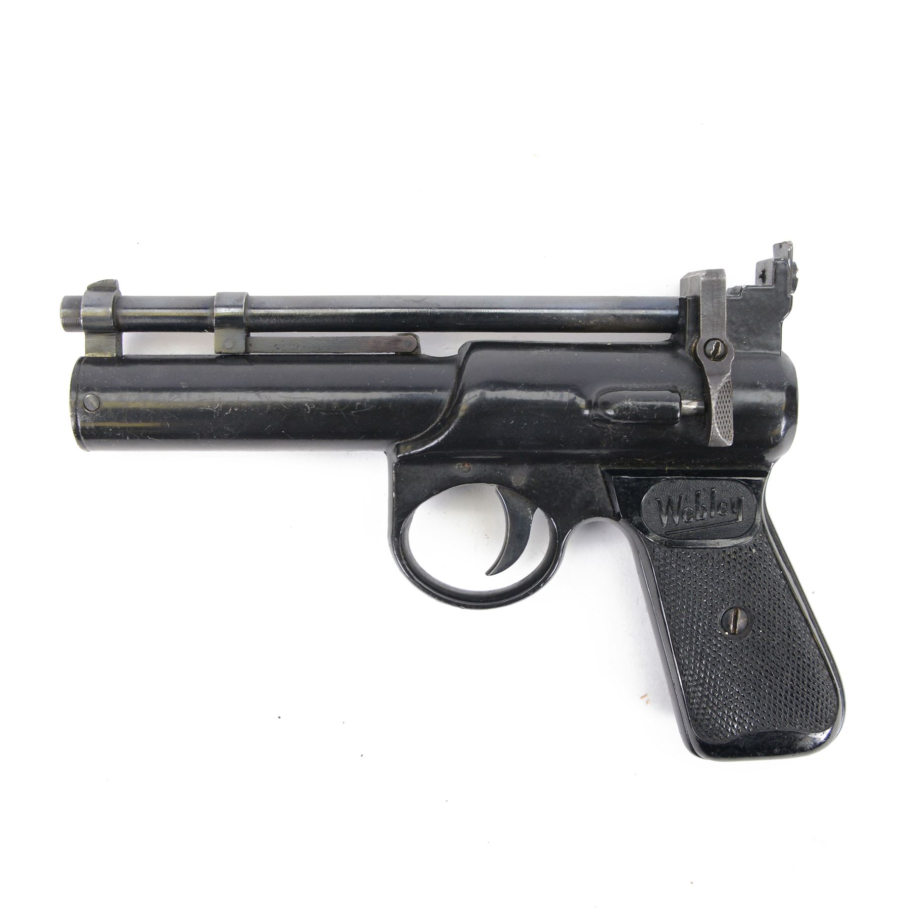 Webley Junior MK II .177 air pistol, the chamber marked 'Webley & Scott Ltd. Junior MK II Made in England' , with black checkered grip, H16cm, L28cm