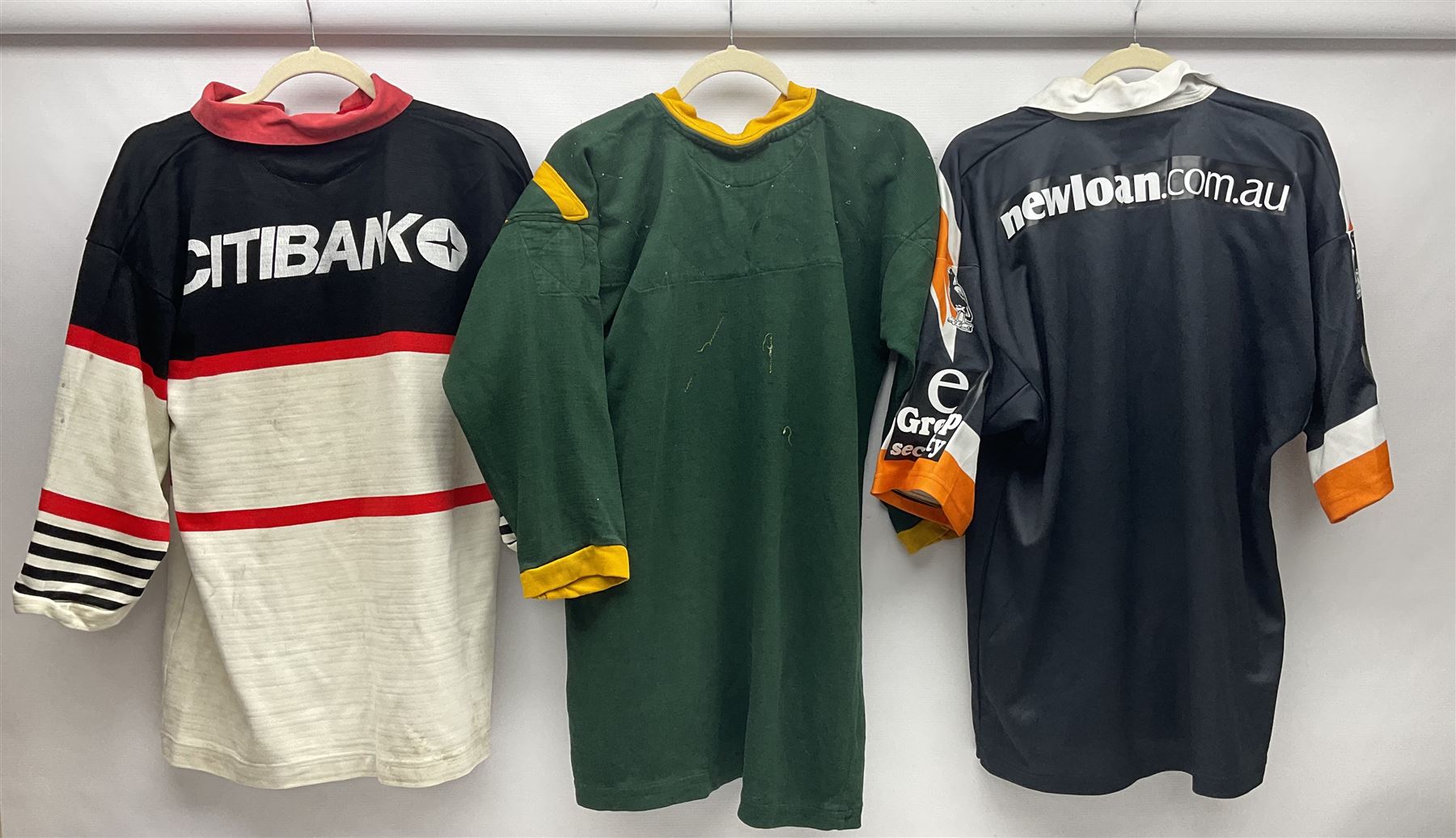 Three Australian Rugby League shirts, to include NRL West Tigers shirt, NSW RL North Sydney Bears shirt and an Australian International rugby shirt, with applied W.Simpson name to front