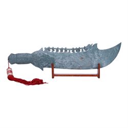 Chinese hardstone ceremonial sword ornament on stand, H16cm, L50cm