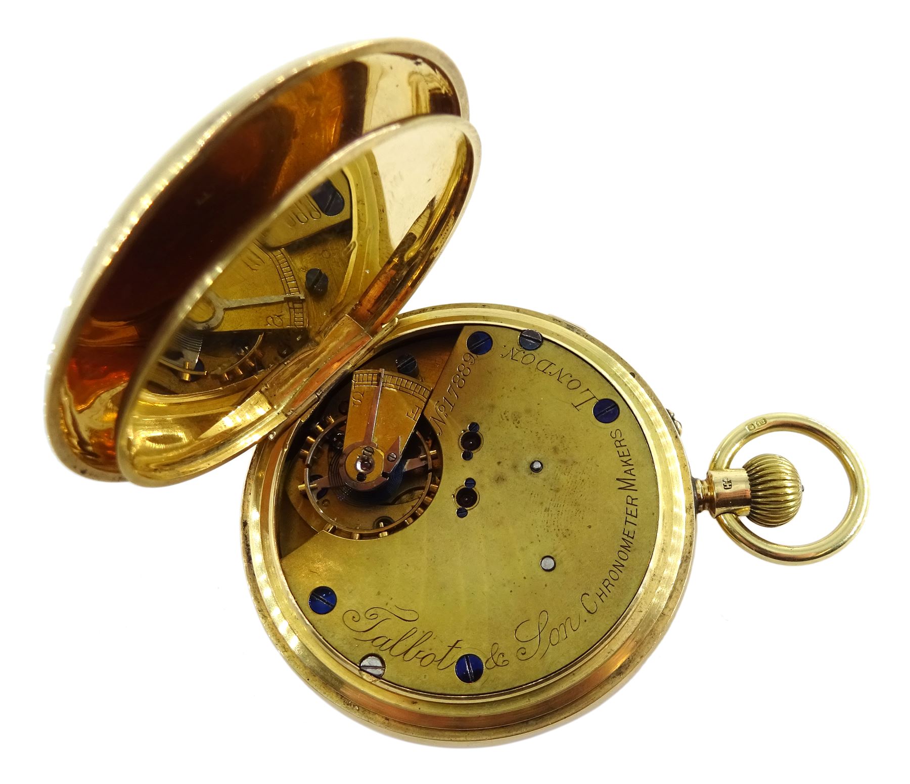 Edwardian 18ct gold full hunter, keyless chronograph pocket watch by Talbot & Son, London, No. 17889, the movement inscribed 'Talbot & Son Chronometer Makers', white enamel dial with Roman numerals, case makers mark B B, Chester 1904