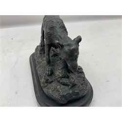 Bronze figure of a wolf with lamb prey, L18cm