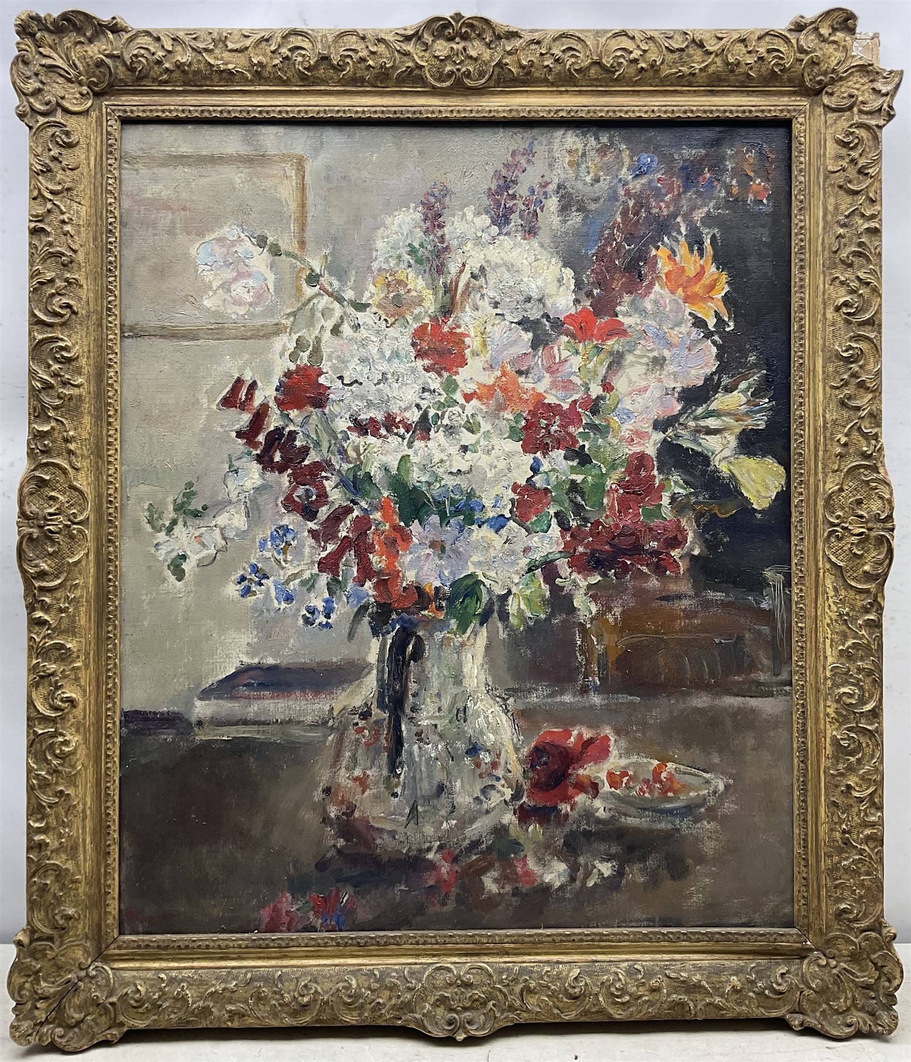 Attrib. Dame Ethel Walker DBE ARA (British 1861-1951): 'Mixed Bouquet', oil on canvas unsigned, titled verso with various exhibition labels 75cm x 62cm