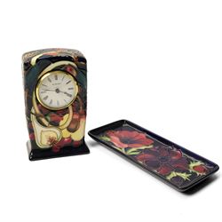 Moorcroft Queens Choice pattern mantel clock, H16cm; together with an Anemone pattern pin ...