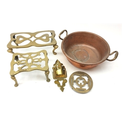  Ships copper lamp, two 19th century brass trivets, Victorian brass wall pocket & two handled copper preserve pan and later trivet   