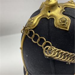 Late Victorian North Staffordshire Regiment Officer's Home Service Blue Cloth Helmet, having incorrect other ranks gilt metal Queen's crown helmet plate to the front with later leather backing, removable spike to the top on a shaped cruciform base with rosette fittings, rosette side bosses, brass trim to the front peak, and leather and velvet backed chin scales, with leather sweat band, the interior with makers stamp for Hawkes & Co 14 Piccadilly London