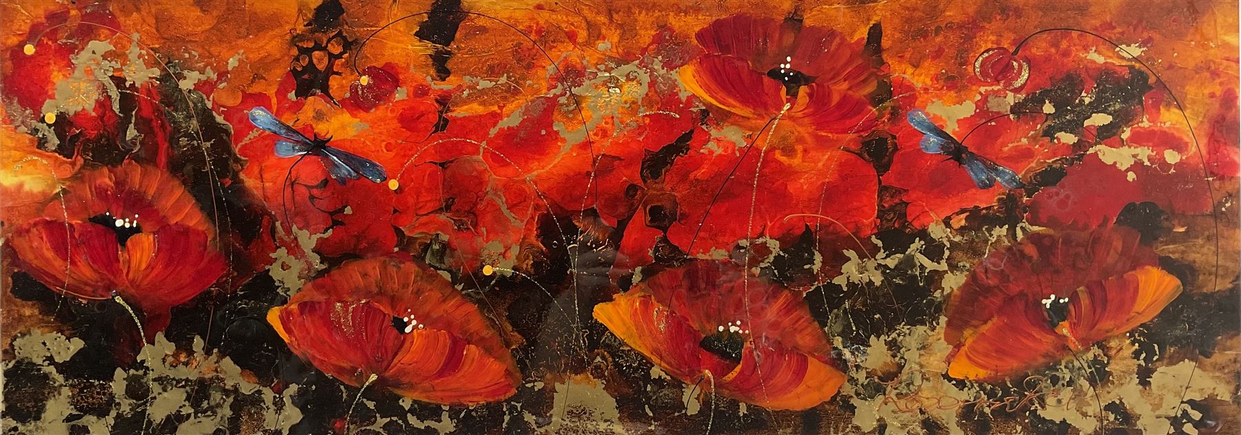 Rozanne Bell (Zimbabwean 1962-): Field of Poppies, mixed media with acrylic and resin on board signed 37cm x 100cm 