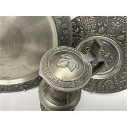 Collection of Zinn Becker pewter wares and similar, including goblets, ewer, clock, plates etc 