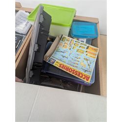 Collection of modelling equipment, kits, accessories, loose lego, including Games Workshop Warhammer 40000, military figures, etc, in four boxes, 