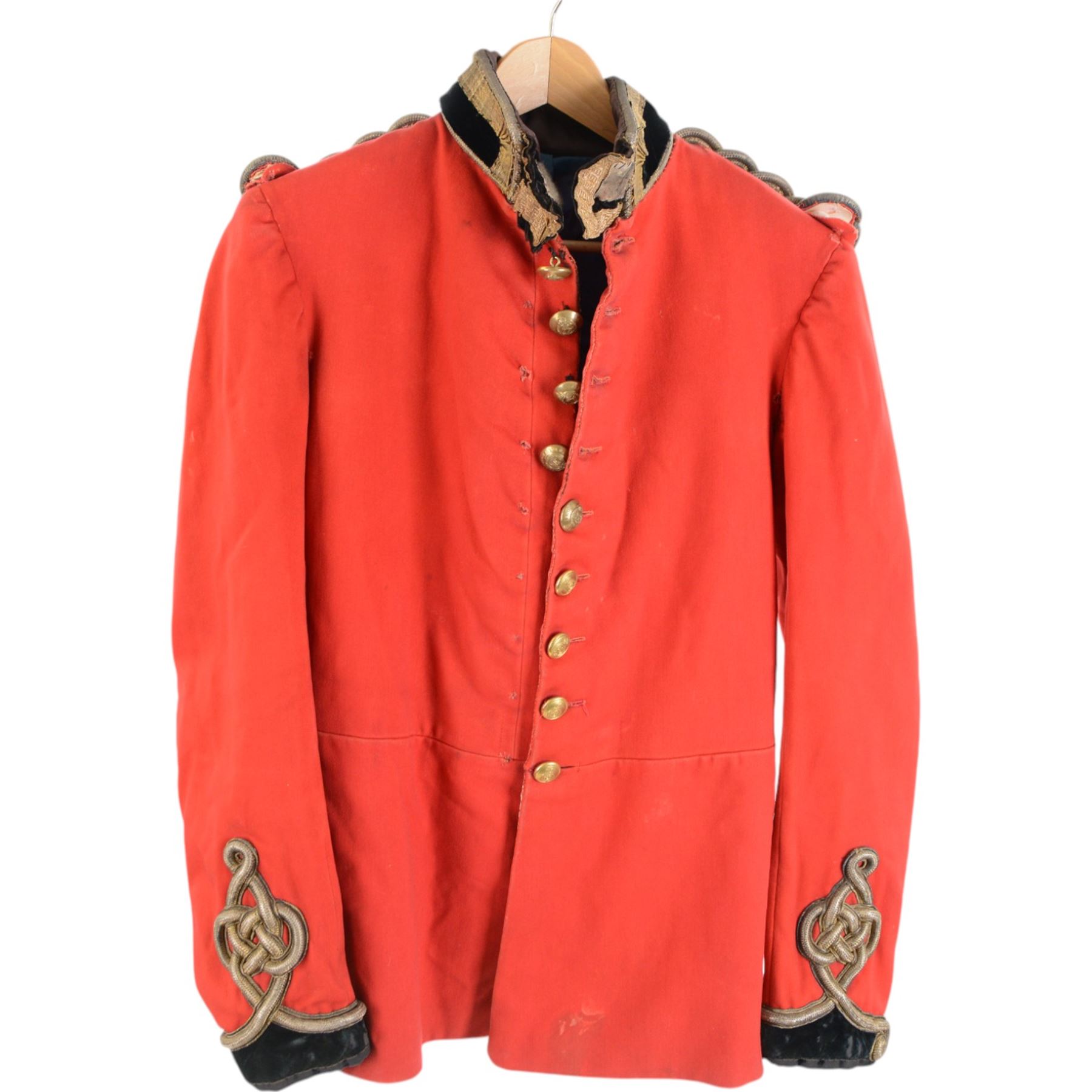British military Royal Engineers tunic with with applied bullion thread embellishment and black accents on cuffs and collar, together with reenactment uniform for the East Riding home guard  