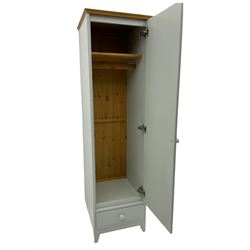 Single wardrobe cupboard, with drawer, finished in duck egg blue with oak cornice