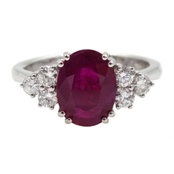 18ct gold oval ruby and six round brilliant cut diamond ring, hallmarked, ruby approx 1.60 carat
