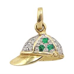 9ct gold diamond and emerald jockey's riding helmet pendant 