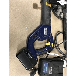 A quantity of hand tools including a Ferm FAG-230 angle grinder, a MacAllister reciprocating saw, a jig saw etc