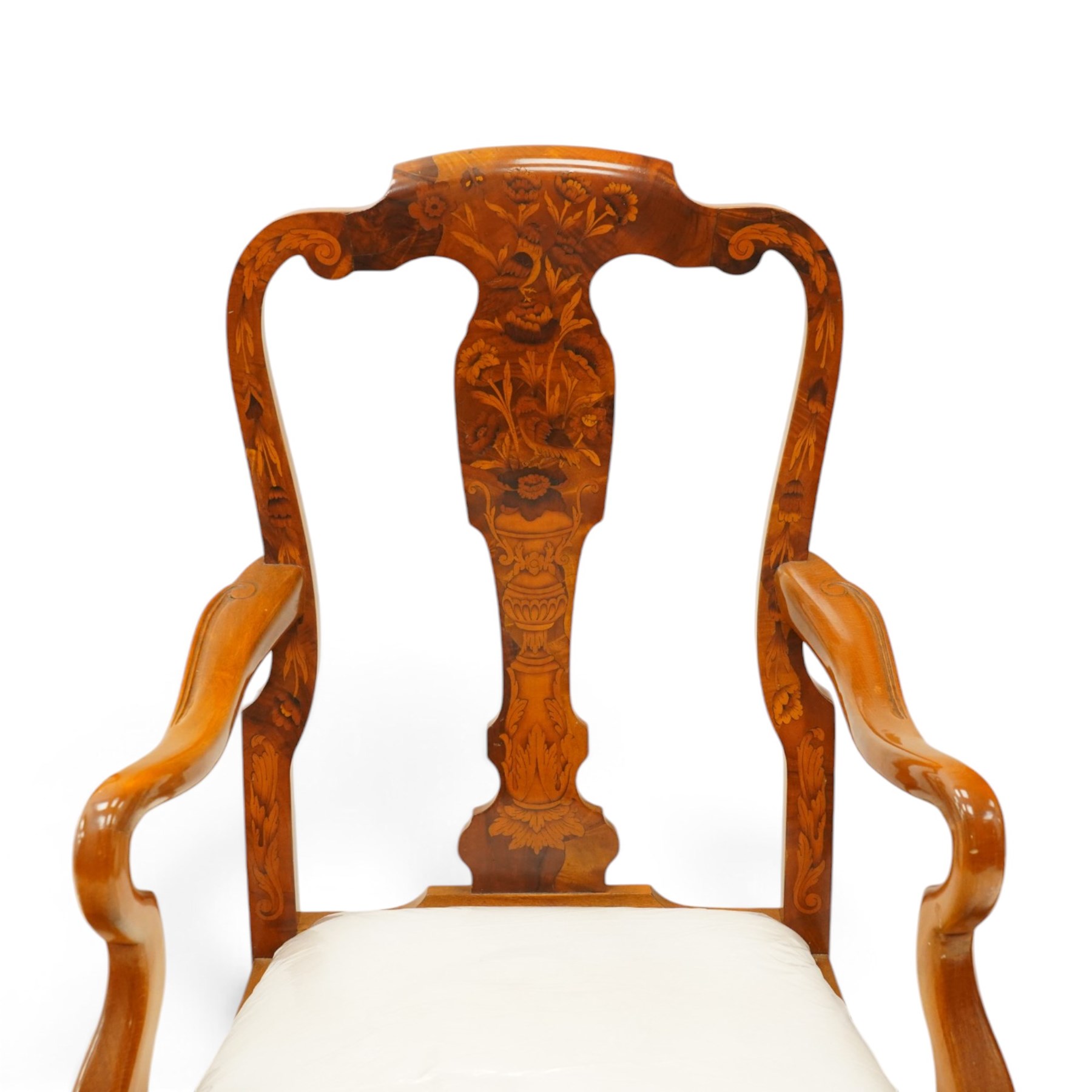 Set of eight (6+2) Dutch design walnut and floral marquetry dining chairs, the high backs with shaped cresting rail over a vasiform splat inlaid with Neoclassical urns and bouquets of foliage and bellflowers, ivory upholstered drop-in seat over scallop shell inlaid apron and cabriole supports with pad feet