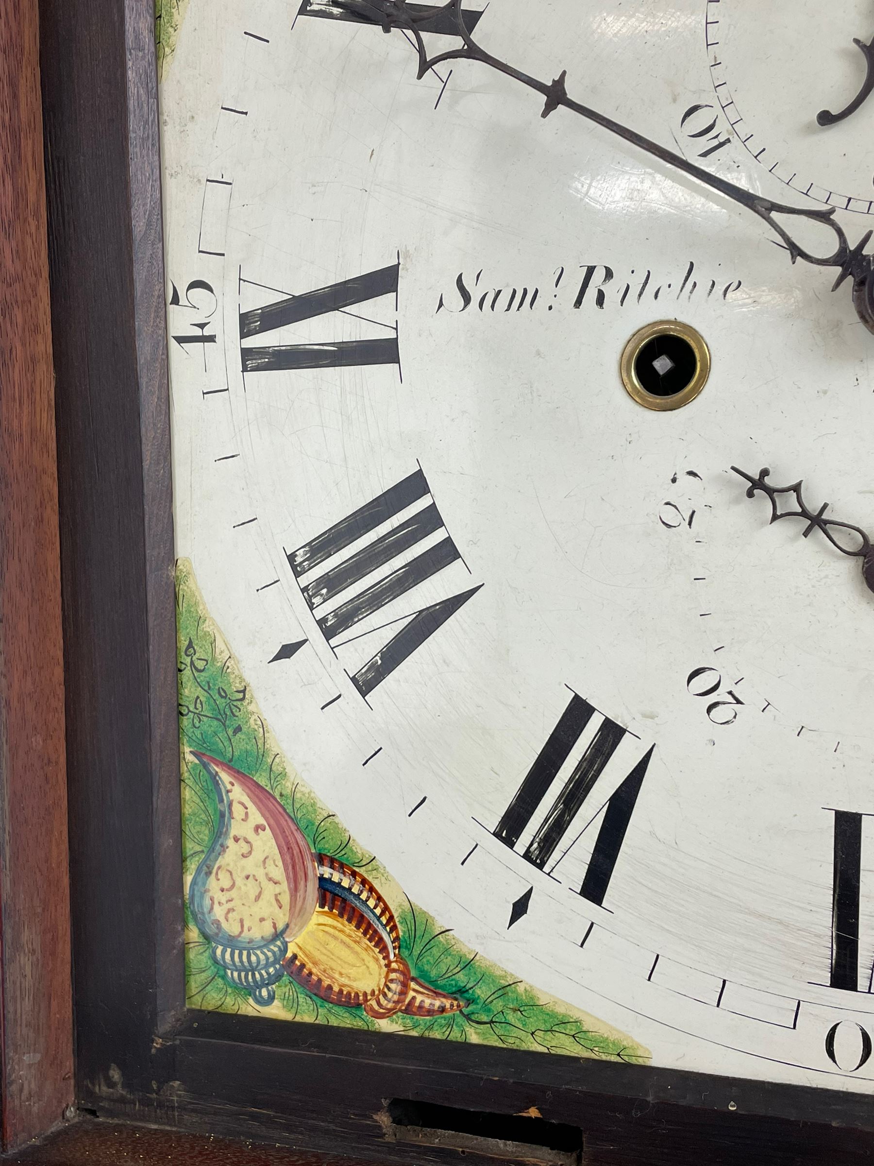 Samuel Ritchie of Forfar - William IV 8-day Scottish longcase clock in a mahogany case, with a swans neck pediment, brass paterae and three ball and spire brass finials, case and trunk inlaid with satinwood stringing on a plinth raised on decorative bracket feet, painted break arch dial depicting a costal scene to the break arch and conch seashells to the spandrels, Roman numerals, subsidiary seconds and date dials with matching steel hands, with a rack striking movement striking the hours on a bell. With weights, key, and pendulum.  Samuel Ritchie is recorded as working in Forfar 1800-37.