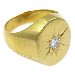  Heavy gold diamond set signet ring, stamped 18ct, diamond approx 0.4 carat  