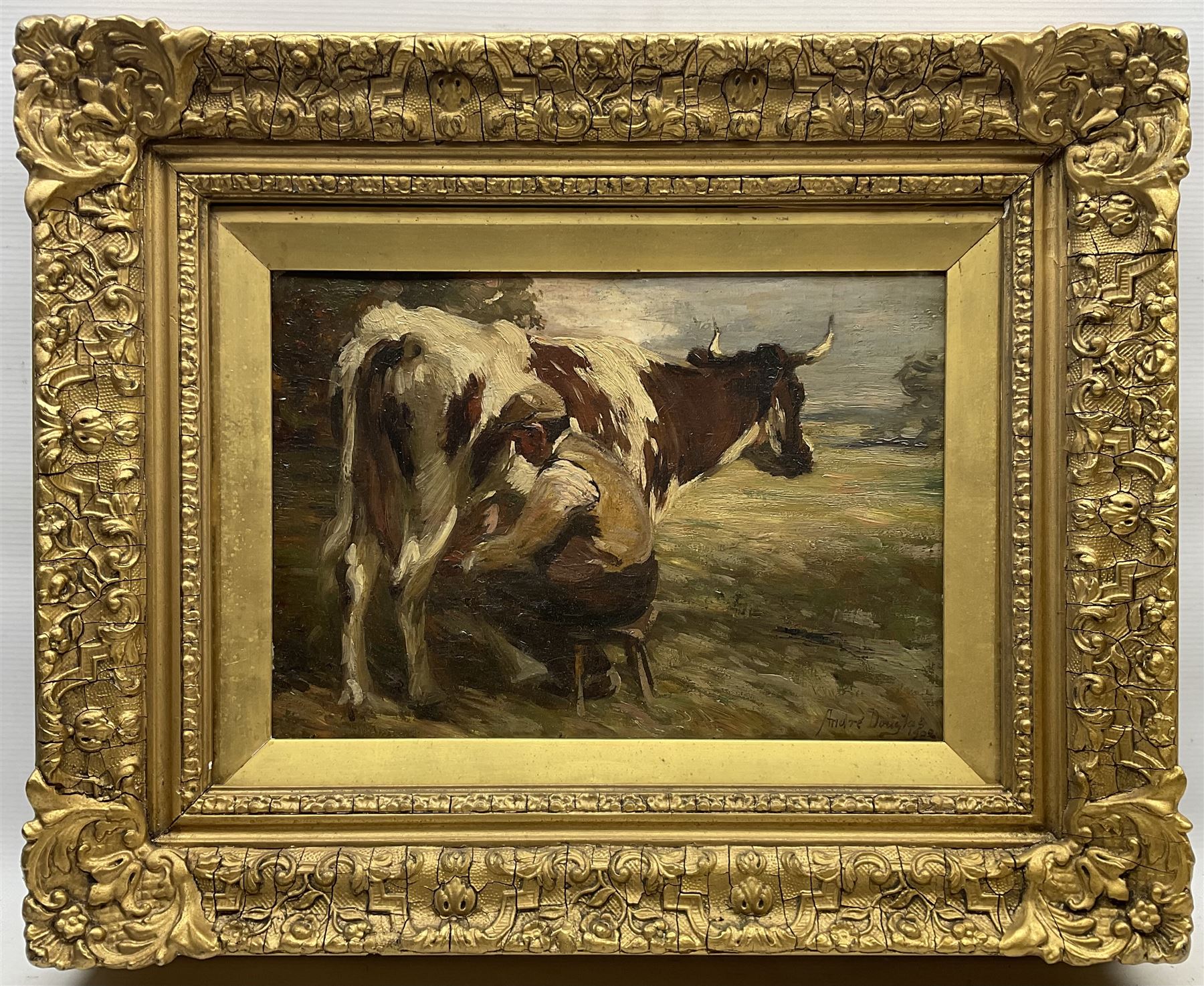 Andrew Douglas RSA (Scottish 1870-1935): Milking Time, oil on canvas signed 'André Douglas' and dated 1902, 26cm x 37cm