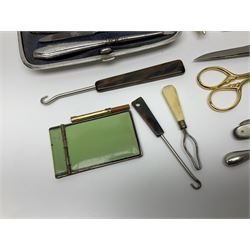 Pair of Wedgewood jasperware unicorn cufflinks, silver handled part manicure set, enamel flip notebook, dolls leather gloves, Stratton compact, and a collection of sewing accessories including thimbles, button hooks, thimble holder, scissors etc 