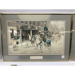 Four framed prints and pictures, including coach scenes, silk embroidery of bird, etc  
Coach prints different vendor - RTV 3 gilt frames