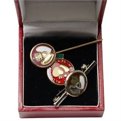Two silver hinged bangles, 9ct gold mounted shell carved cameo brooch, badges, beaded necklaces etc