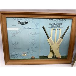 Sondico cricket bat with Yorkshire C.C.C. signatures; framed Lord Taverners v Barclaycard XI programme signed by Colin Milburn, Colin Cowdrey, Roy Kinnear, Nicholas Parsons etc; souvenir Ashes 1994/95 cricket ball; books of cricket interest; tie-pin etc