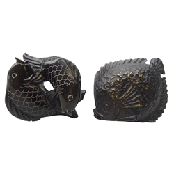  Japanese Meiji bronze Netsuke modelled as a flat fish, signed L6cm & Chinese black stone carved fish group (2) Provenance: private collection   