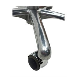 Score - contemporary 'Amazone' saddle stool, upholstered in black leatherette with adjustable height and tilt mechanism, raised on chrome spoke base fitted with castors