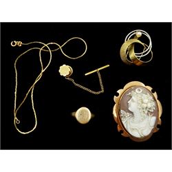 Rose gold signet ring, Victorian gold cameo brooch, gold pearl brooch, gold necklace and a gold shirt pin, all 9ct stamped or hallmarked 