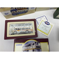 Corgi - twenty eight modern die-cast model coaches, buses and wagons to include Corgi Classics 35305, 96991, 97002, two 97108, 97208, 97267, 97335, 97871 and 98162; limited edition sets D949/26, 97107 and 97185; The Yorkshire Rider Series 91700, 91853, 91858 and 91862; all but one in original boxes or perspex display cases, most with certificates (27)