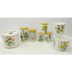  Portmeirion cylindrical storage jar & cover, H22cm, set of three graduating 'Botanic Garden' storage jars, two storage jars and two other pieces (8)   