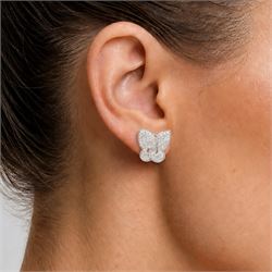 Pair of 18ct white gold diamond butterfly earrings, each stud pave set with single cut diamonds, stamped 750