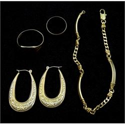 Pair of gold hoop earrings, curb and panel link bracelet and two gold rings, all 9ct, stamped or hallmarked 