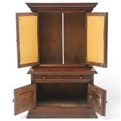 Miniature Victorian mahogany apprentice's cabinet-on-chest, the projecting cavetto cornice over two doors with bevelled mirror plates, the base fitted with single reeded frieze drawer over a panelled cupboard, on stepped plinth base