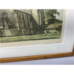 After Samuel Buck (British 1696-1779): 'The South east View of Tychfield Abbey in Hampshire', reproduction print together with two 19th century engravings of Abbeys and a carriage print of Leiston Abbey after F W Baldwin max 27cm x 19cm (4)