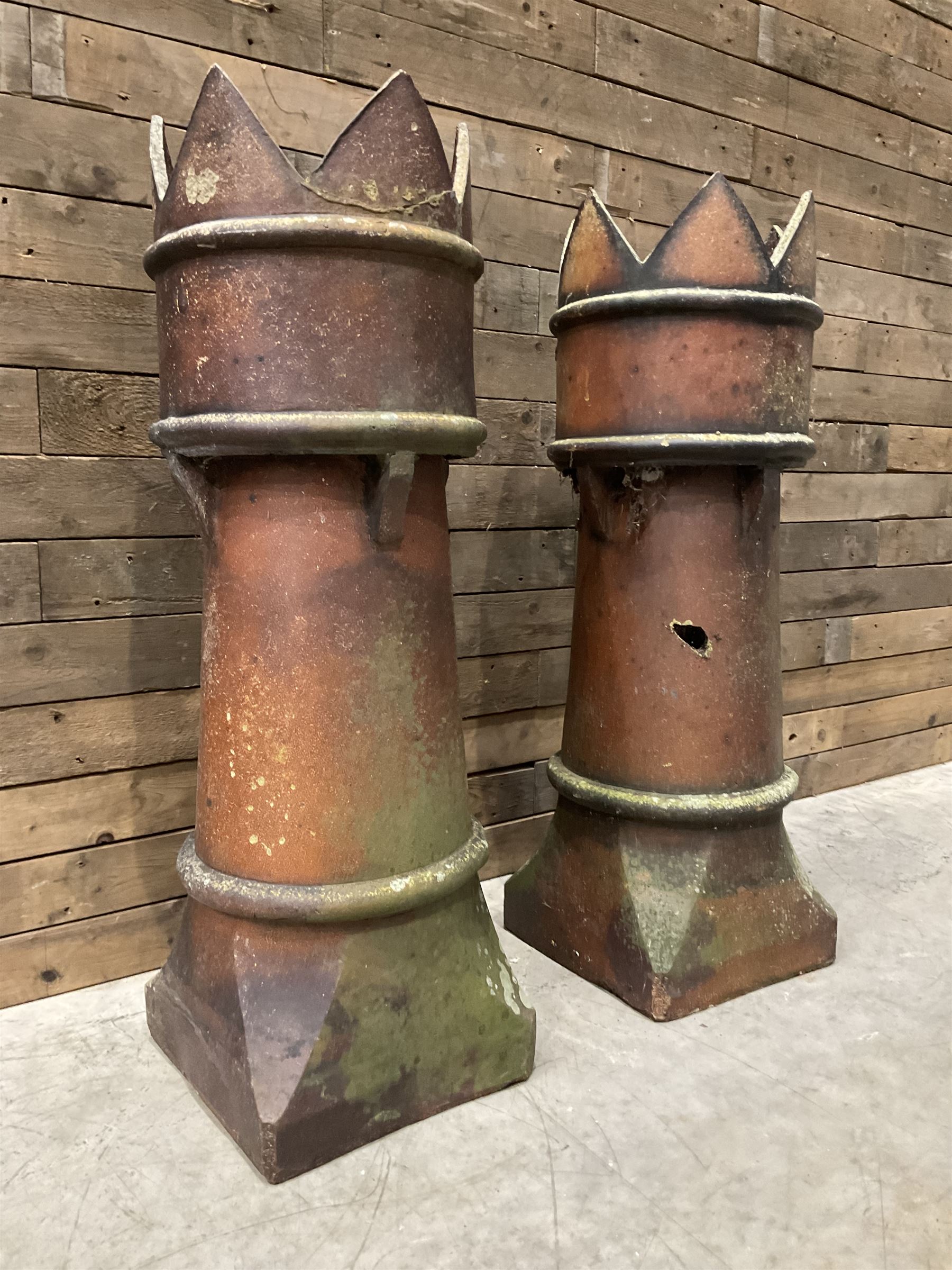 Two Victorian salt glazed crown-top chimney pots