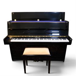 Offenbach by Daewoo model DU-4 upright piano, within high gloss ebonised case, circa 1990s...