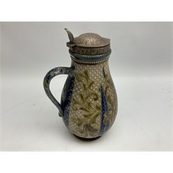 19th century Doulton Lambeth ewer, with moulded foliate and bead decoration, with a hinged metal cover and impressed mark beneath, H25cm 