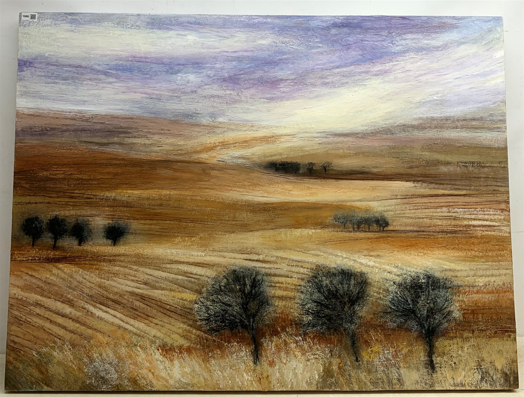 Rosemary Abrahams (British c.1945-): 'North Wind', oil on canvas, signed and titled verso 90cm x 120cm (unframed)
Provenance: purchased from the 'Biscuit Factory' Contemporary Art Gallery, Newcastle upon tyne