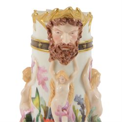 Royal Worcester Neptune pitcher, decorated in relief with mermaids, shells and seaweed above a panelled band of dolphins and shell, dolphin modelled handle and Neptune mask spout, with green mark beneath, H25cm