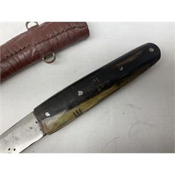 Caucasian qama or kindjal dagger, the 15cm pointed double edged blade with centre fuller and two-piece horn grip;  in nickel plated scabbard with panels of figures and script L28.5cm overall; and eastern knife with 20.5cm curving blade and decorative horn grip; in leather covered scabbard (2)