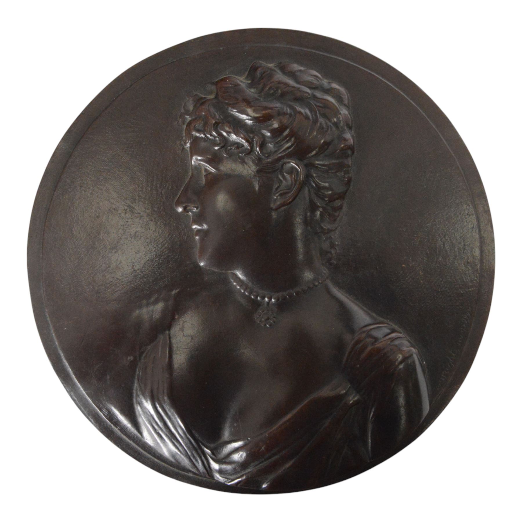 Bronze wall plaque, of circular form, cast in relief with the the head and shoulders of a woman in profile, believed to by Lady Hamilton, impressed W. Wright, Modeller, D25cm