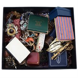 Collection of costume jewellery, including brooches and beaded necklaces, together with wristwatches including Vivela, Accurist and Delma examples, Ingersoll Triumph pocket watch etc