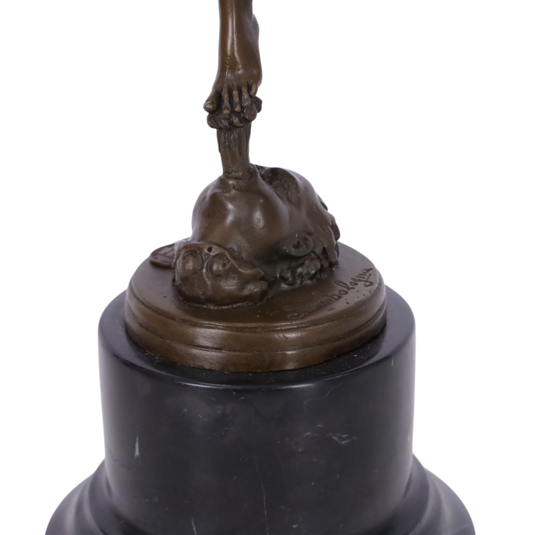 After Giambologna (Flemish 1529-1608): Bronze figure of Mercury holding a caduceus, on black marble base H43cm 