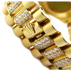  Rolex Oyster Perpetual Day-Date gentleman's 18ct gold diamond set automatic wristwatch,  diamond set black dial, diamond set bezel, lugs and bracelet, model no. 118388, serial no. K591552  