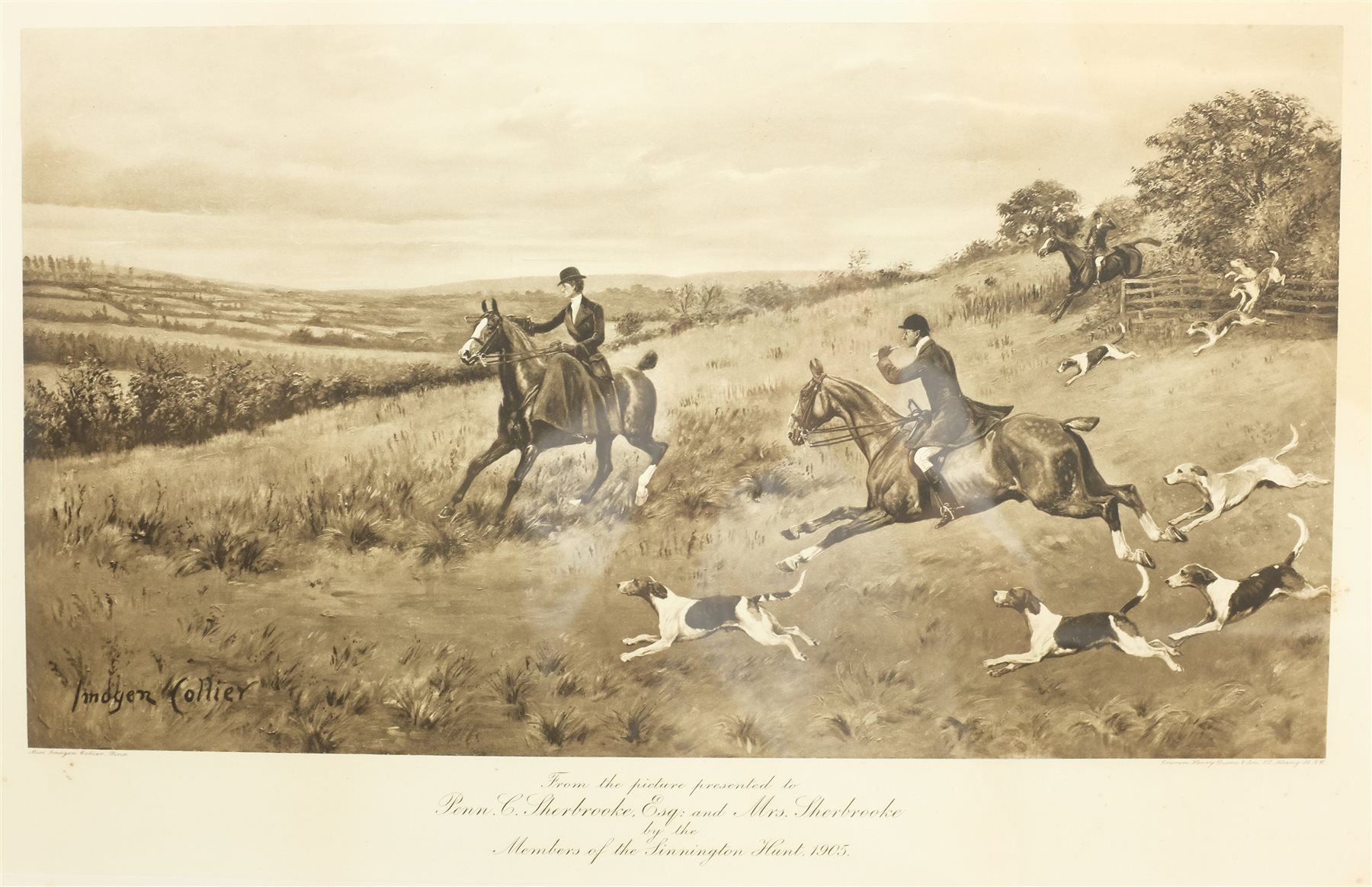 After Imogen Collier (British fl.1898-1904): The Sinnington Hunt, photogravure inscribed 'From the Picture Presented to Penn Sherbrooke Esq. and Mrs Sherbrooke by the members of the Sinnington Hunt 1905' in the plate, together with three other pictures relating to Jack Parker and the Sinnington Hunt, max 35cm x 55cm (4)