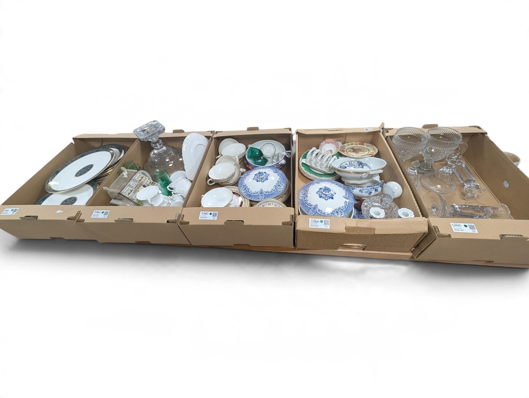 Royal Doulton Carlyle dinner wares, heavy glass candlesticks, punch bowl and lidded jars and other ceramics and glassware, in five boxes